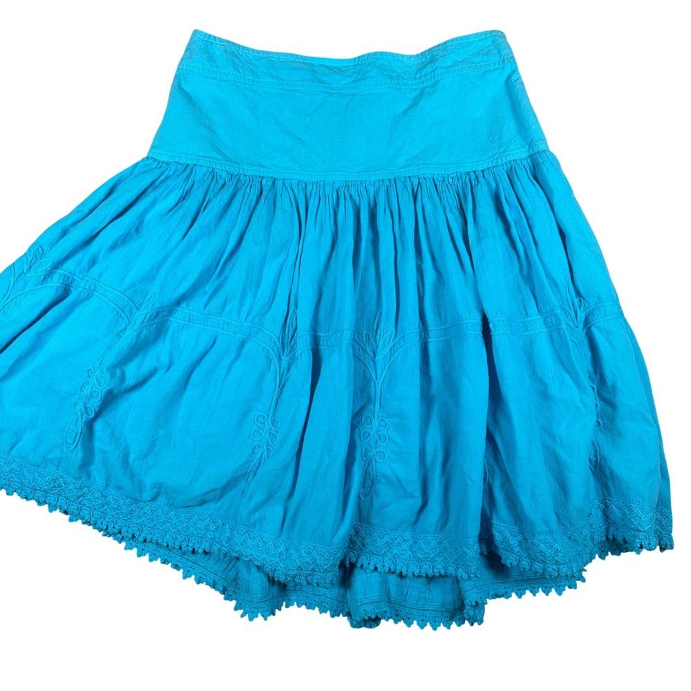 Gretty Zueger Turquoise Blue Cotton Gauze Embroidered Tiered Skirt Medium Peru‎